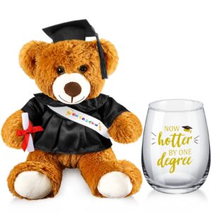 junkin graduation 2024 gifts set congrats grad gift for her him now hotter by one degree 15 oz wine glass cup and plush grad bear college university graduates class of 2024 party gift favor present