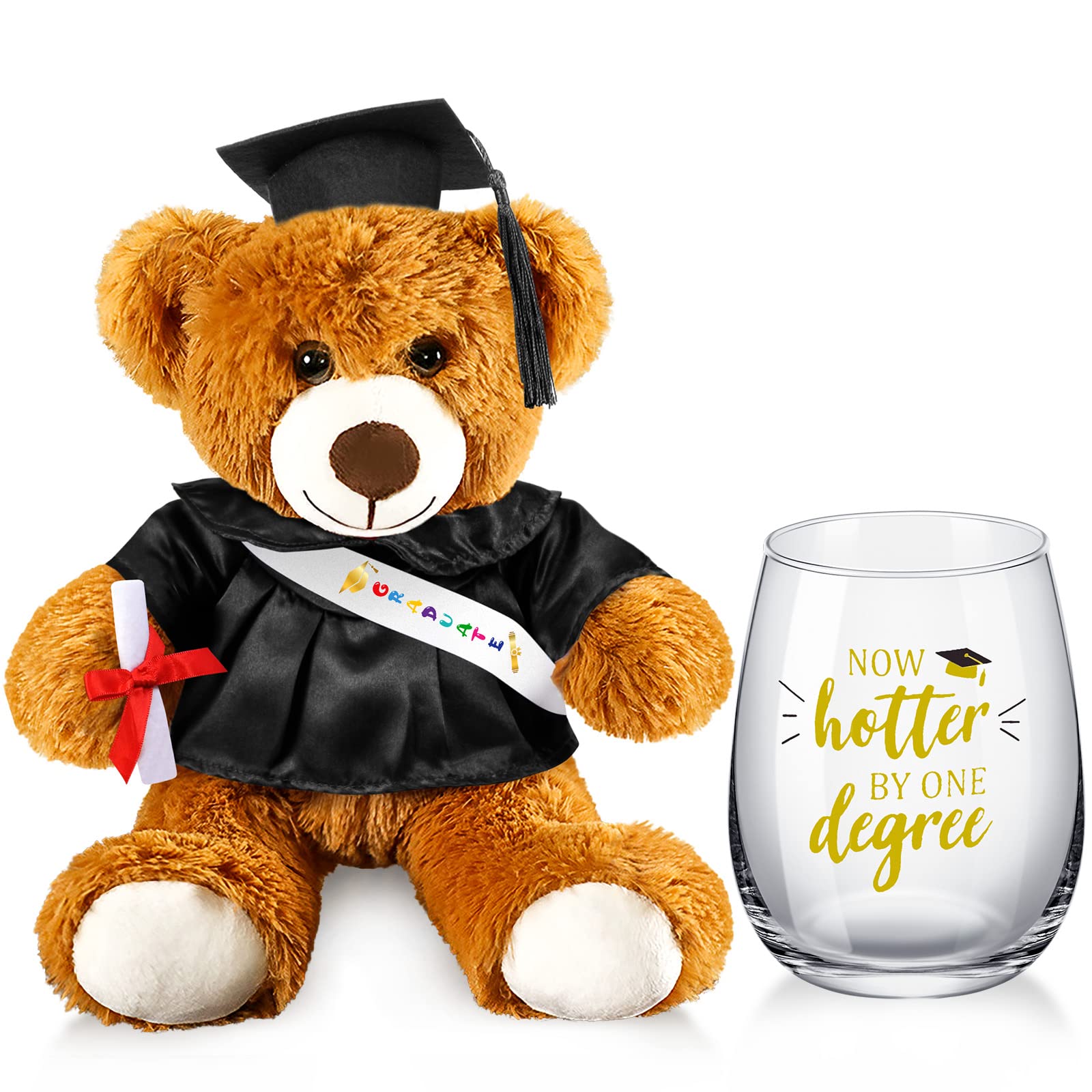 Junkin Graduation 2024 Gifts Set Congrats Grad Gift for Her Him Now Hotter by One Degree 15 oz Wine Glass Cup and Plush Grad Bear College University Graduates Class of 2024 Party Gift Favor Present