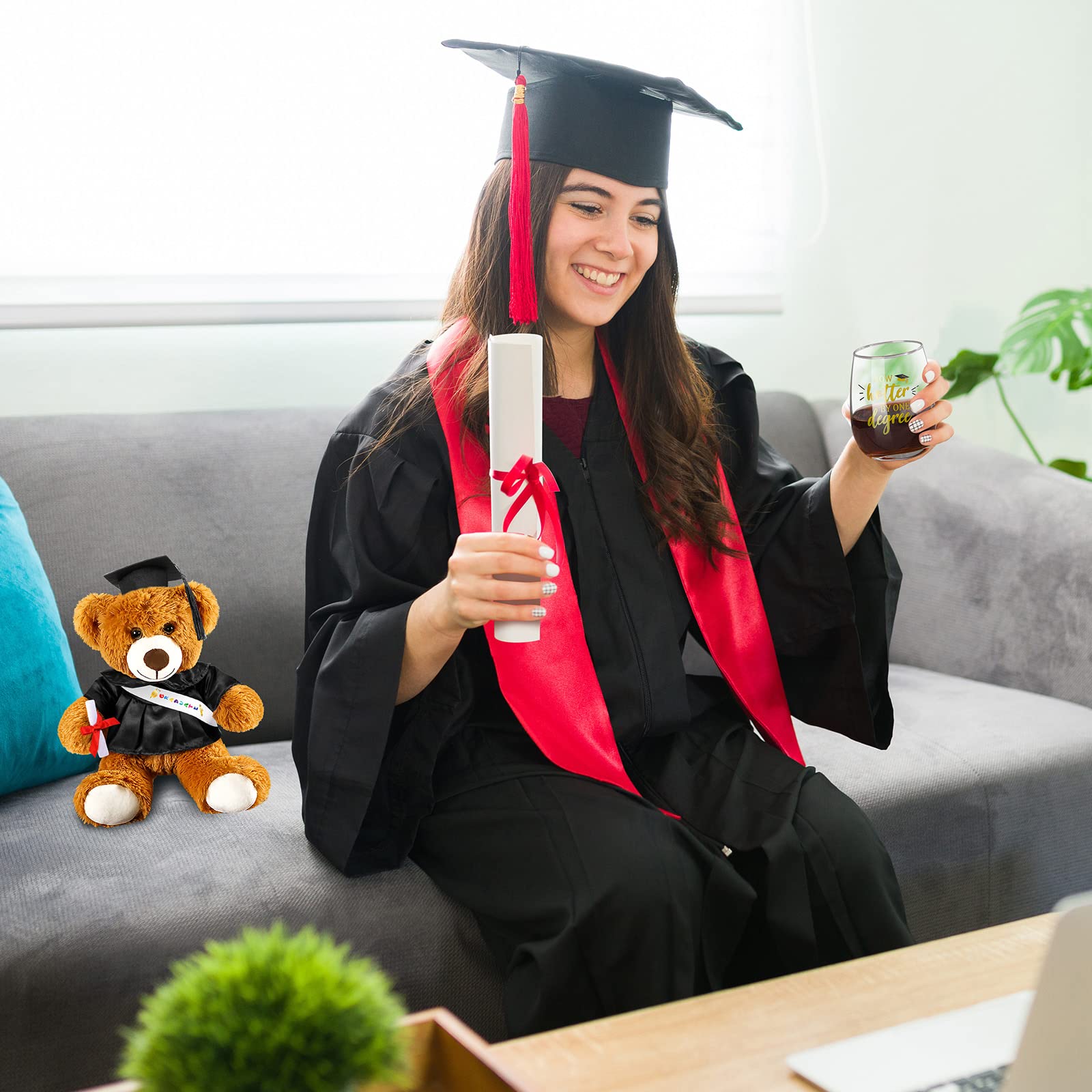 Junkin Graduation 2024 Gifts Set Congrats Grad Gift for Her Him Now Hotter by One Degree 15 oz Wine Glass Cup and Plush Grad Bear College University Graduates Class of 2024 Party Gift Favor Present