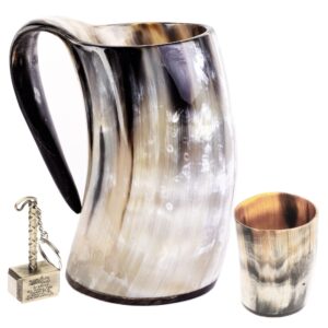 trondebal viking drinking horn mug, 15-20 oz natural ox horn cup & cofee stein | cool unique gift for men and women, home decor accessories | shot glasses for beer, ale, mead, whiskey
