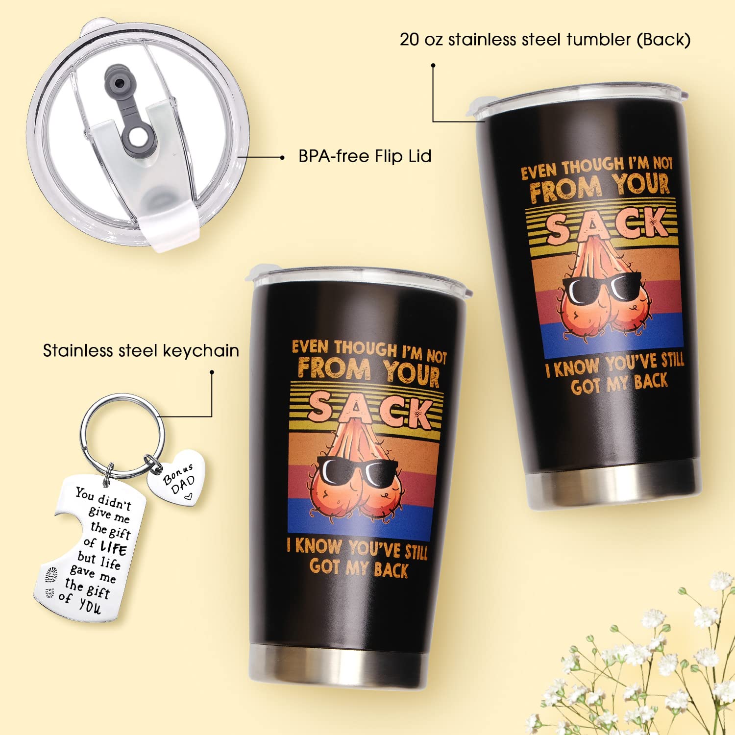 365fury Bonus Dad Gifts - Step Dad Gifts From Daughter, Son, Kids - 20 Oz Tumbler & Keychain Funny Stepdad Gifts - Christmas Father Day, Birthday Gifts For Stepdad - Best Bonus Dad Travel Coffee Mug