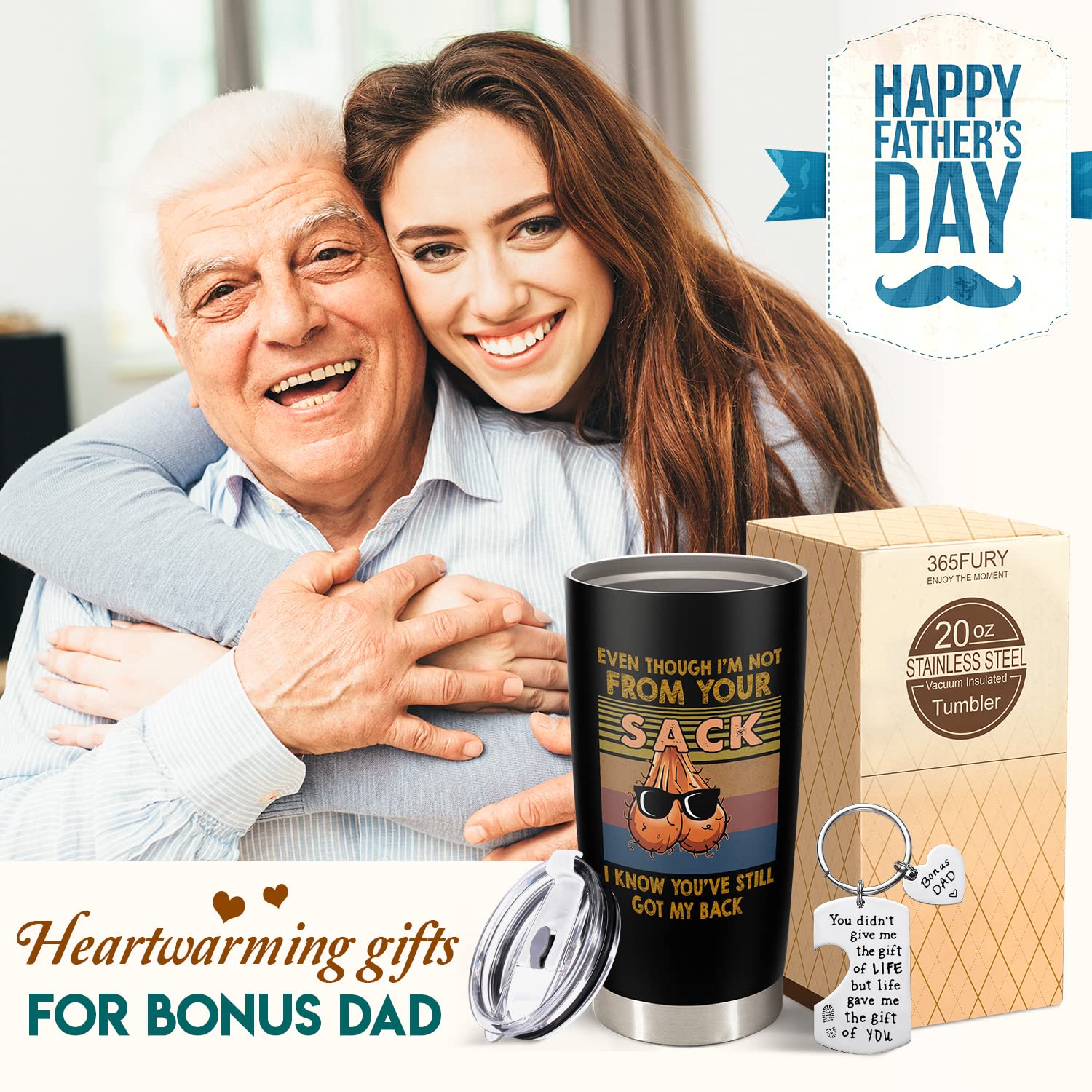 365fury Bonus Dad Gifts - Step Dad Gifts From Daughter, Son, Kids - 20 Oz Tumbler & Keychain Funny Stepdad Gifts - Christmas Father Day, Birthday Gifts For Stepdad - Best Bonus Dad Travel Coffee Mug