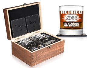 2023 retirement gifts for men, funny retired 2023 not my problem any more whiskey glass wooden gift boxed set, happy retirement gifts for boss, office coworkers, dad, husband, brother, friends