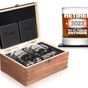 2023 Retirement Gifts for Men, Funny Retired 2023 Not My Problem Any More Whiskey Glass Wooden Gift Boxed Set, Happy Retirement Gifts for Boss, Office Coworkers, Dad, Husband, Brother, Friends