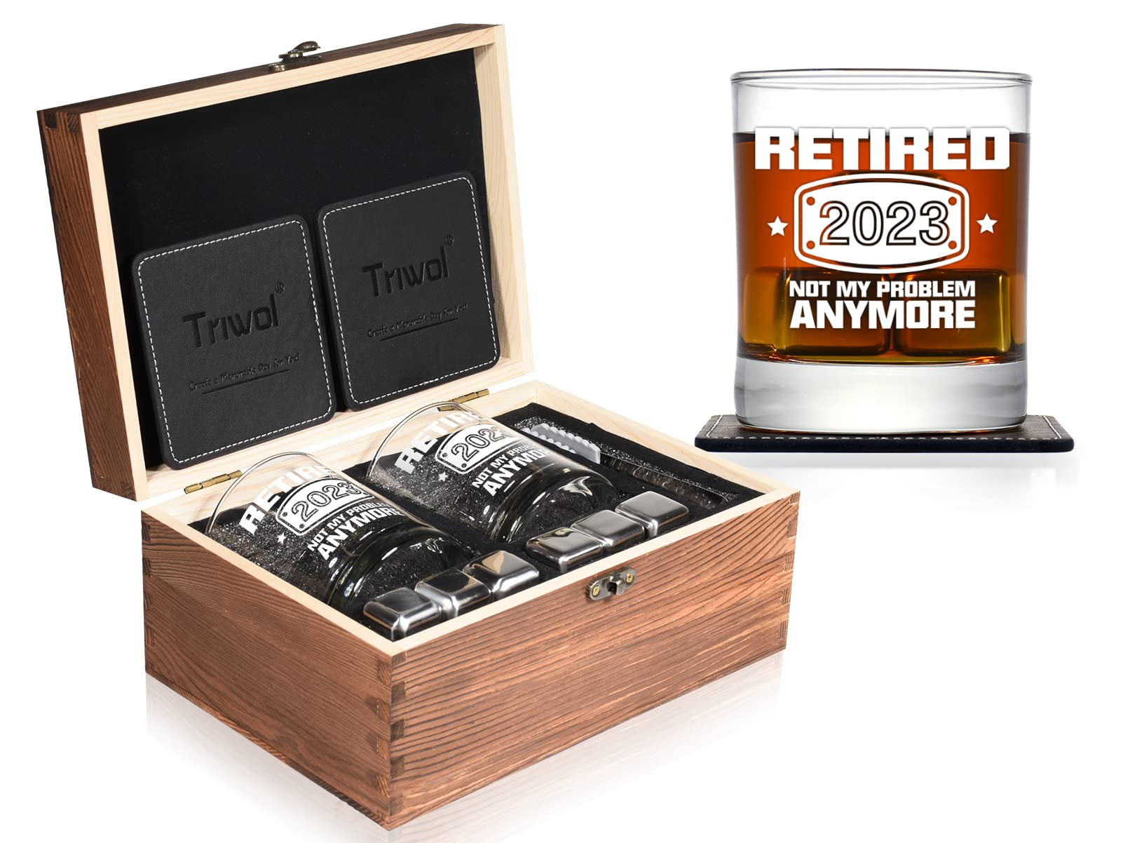 2023 Retirement Gifts for Men, Funny Retired 2023 Not My Problem Any More Whiskey Glass Wooden Gift Boxed Set, Happy Retirement Gifts for Boss, Office Coworkers, Dad, Husband, Brother, Friends