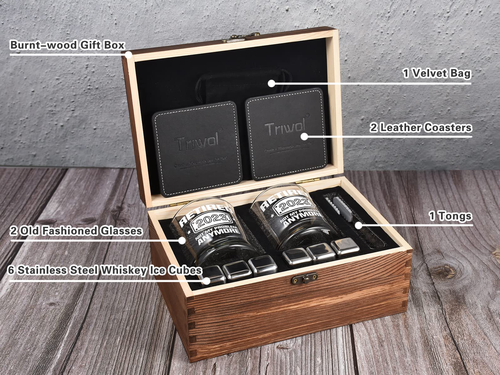 2023 Retirement Gifts for Men, Funny Retired 2023 Not My Problem Any More Whiskey Glass Wooden Gift Boxed Set, Happy Retirement Gifts for Boss, Office Coworkers, Dad, Husband, Brother, Friends