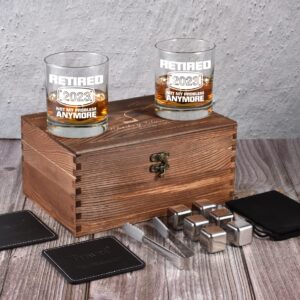 2023 Retirement Gifts for Men, Funny Retired 2023 Not My Problem Any More Whiskey Glass Wooden Gift Boxed Set, Happy Retirement Gifts for Boss, Office Coworkers, Dad, Husband, Brother, Friends