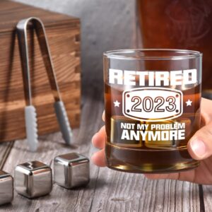 2023 Retirement Gifts for Men, Funny Retired 2023 Not My Problem Any More Whiskey Glass Wooden Gift Boxed Set, Happy Retirement Gifts for Boss, Office Coworkers, Dad, Husband, Brother, Friends