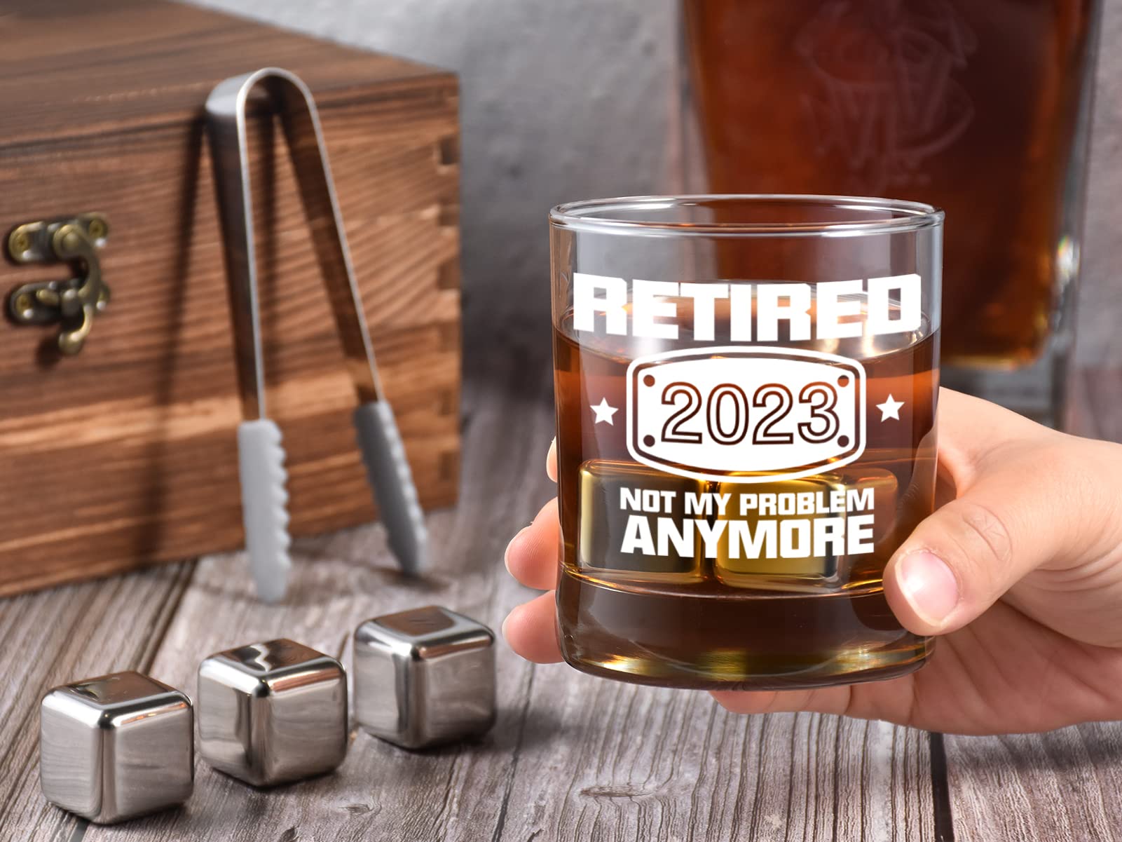 2023 Retirement Gifts for Men, Funny Retired 2023 Not My Problem Any More Whiskey Glass Wooden Gift Boxed Set, Happy Retirement Gifts for Boss, Office Coworkers, Dad, Husband, Brother, Friends