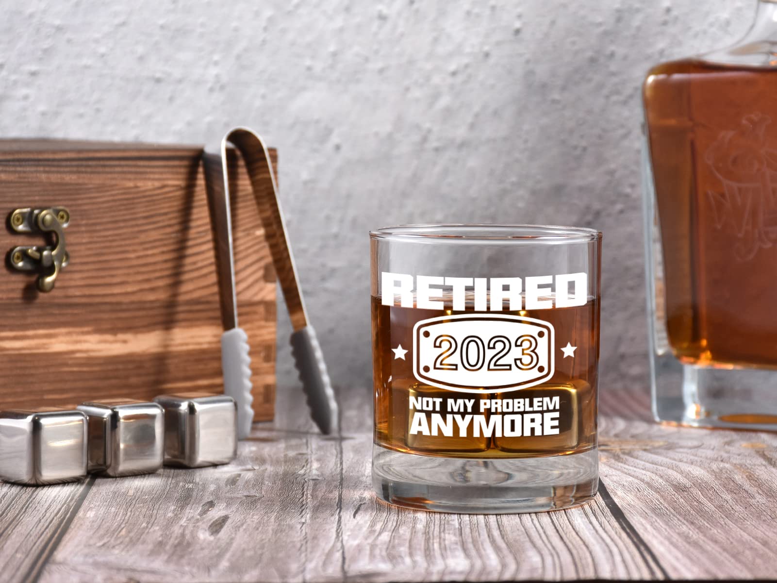 2023 Retirement Gifts for Men, Funny Retired 2023 Not My Problem Any More Whiskey Glass Wooden Gift Boxed Set, Happy Retirement Gifts for Boss, Office Coworkers, Dad, Husband, Brother, Friends