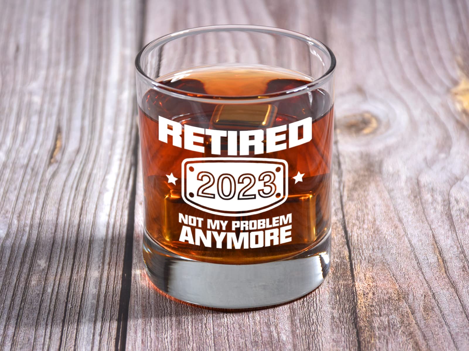 2023 Retirement Gifts for Men, Funny Retired 2023 Not My Problem Any More Whiskey Glass Wooden Gift Boxed Set, Happy Retirement Gifts for Boss, Office Coworkers, Dad, Husband, Brother, Friends