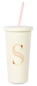 kate spade new york insulated initial tumbler with reusable straw, 20 ounce acrylic travel cup with lid, s (pink)