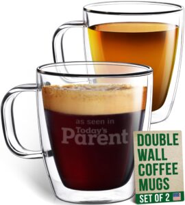 eparé 12 oz glass coffee mugs - set of 2 - clear double wall glasses - insulated glassware with handle - large espresso latte cappuccino or tea cup