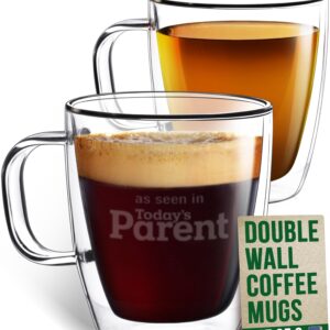 Eparé 12 oz Glass Coffee Mugs - Set of 2 - Clear Double Wall Glasses - Insulated Glassware With Handle - Large Espresso Latte Cappuccino or Tea Cup