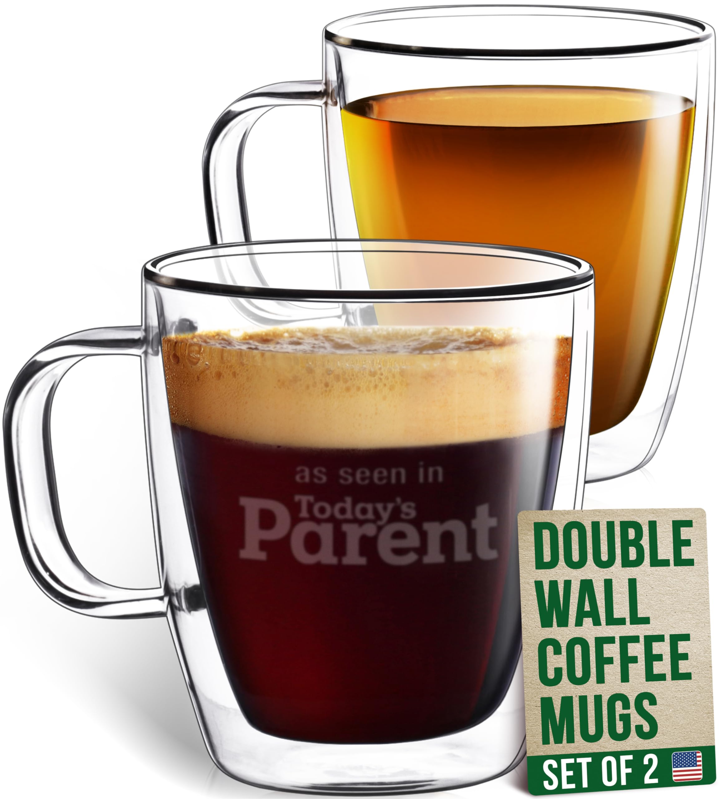 Eparé 12 oz Glass Coffee Mugs - Set of 2 - Clear Double Wall Glasses - Insulated Glassware With Handle - Large Espresso Latte Cappuccino or Tea Cup