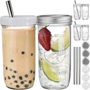 dicunoy 6 pack 24oz glass smoothie cups, reusable boba tea cups with lids and straws, wide mouth iced coffee cups tumbler, mason jars for iced beverage, juice, jam, honey, travel drinking