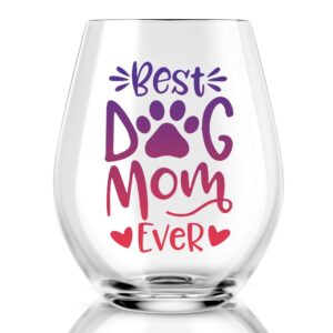 best dog mom ever funny stemless wine glass, dog lover gifts for dog dad, dog mom, women, veterinarian, animal rescue, vet tech, perfect for birthday, valentines