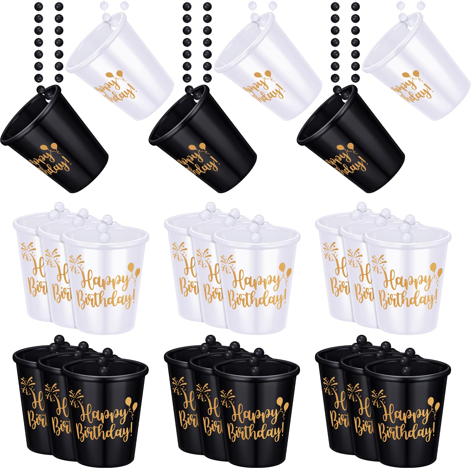 Sureio 24 Pack Shot Glass on Beaded Necklace Shot Glass Necklaces Plastic Shot Necklace Cups for Birthday Party Happy Wedding Festival Parade Favor (Black, White)