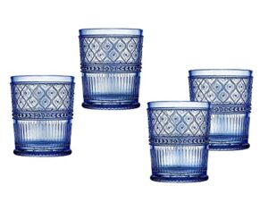 godinger old fashioned whiskey glasses, drinking glasses, vintage decor, glass cups, water glasses, cocktail glasses - claro collection, 12oz, blue, set of 4