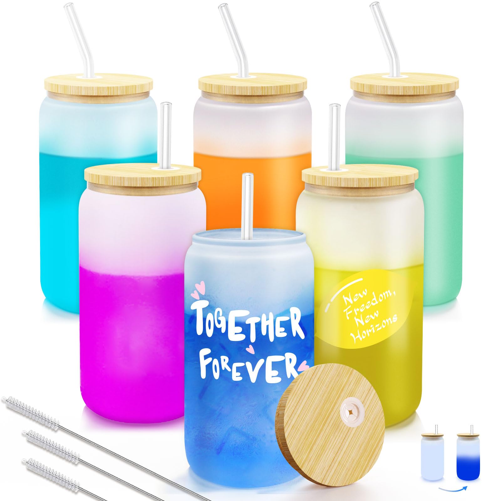 Sublimation Glass Blanks with Bamboo Lid and Straws,16oz Gradient Color Drinking Glasses with Glass Straw 6pcs Set, Glass Cup with Bamboo Lid and Straw,Frosted Glass Tumbler,Beer Glasses/Coffee Cups