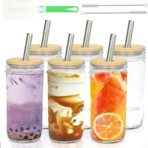 bestbel 6 pack mason jar drinking glasses with lids and straws,24oz glass cups with bamboo lids and straws,wide mouth reusable smoothie cups,iced coffee cups,boba cup,bubble tea cup