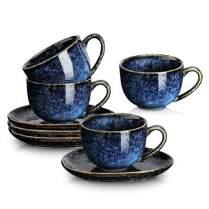 vicrays 6.5 oz cappuccino cups with saucers, set of 4, ceramic coffee cup for au lait, double shot, latte, cafe mocha, tea (starry blue)