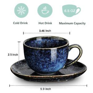 vicrays 6.5 oz Cappuccino Cups with Saucers, Set of 4, Ceramic Coffee Cup for Au Lait, Double shot, Latte, Cafe Mocha, Tea (Starry Blue)