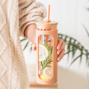 Kodrine 24 oz Glass Water Bottle with Bamboo Straw and Lid, Wide Mouth Water Tumbler,Straw Silicone Protective Sleeve BPA FREE-Amber