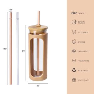 Kodrine 24 oz Glass Water Bottle with Bamboo Straw and Lid, Wide Mouth Water Tumbler,Straw Silicone Protective Sleeve BPA FREE-Amber