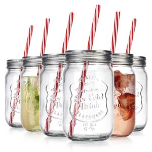 glaver's mason drinking jars – set of 6 ice cold drinking glass jar with lid – 15 oz clear glass mugs. for home, dinner, drinks, juice, cocktails, lemonade.