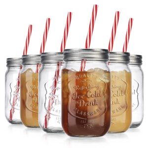 Glaver's Mason Drinking Jars – Set of 6 Ice Cold Drinking Glass Jar with Lid – 15 Oz Clear Glass Mugs. For Home, Dinner, Drinks, Juice, Cocktails, Lemonade.