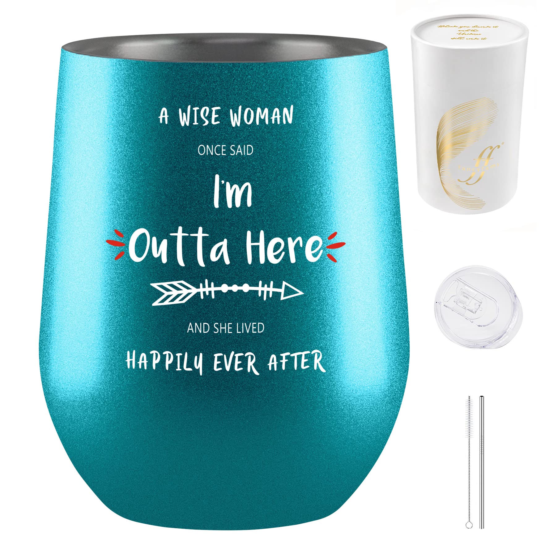 Fancyfams I’m Outta Here, Retirement Gifts for Women, Birthday Divorce Retirement Going Away Good Luck Gift, 12 oz Stainless Steel Wine Tumbler, Retirement Gifts (Outta Here - Turquoise)