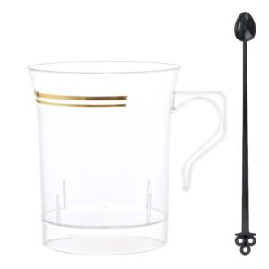 Nervure 60 Pack Clear Gold Plastic Coffee Mugs with 60 PCS Black Coffee Stirrers - 8oz Disposable Coffee Cups with Handles & 5inch Coffee Stirrers - Plastic Tea Cups with Gold Rim for Party