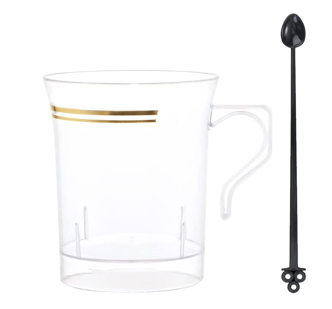 Nervure 60 Pack Clear Gold Plastic Coffee Mugs with 60 PCS Black Coffee Stirrers - 8oz Disposable Coffee Cups with Handles & 5inch Coffee Stirrers - Plastic Tea Cups with Gold Rim for Party