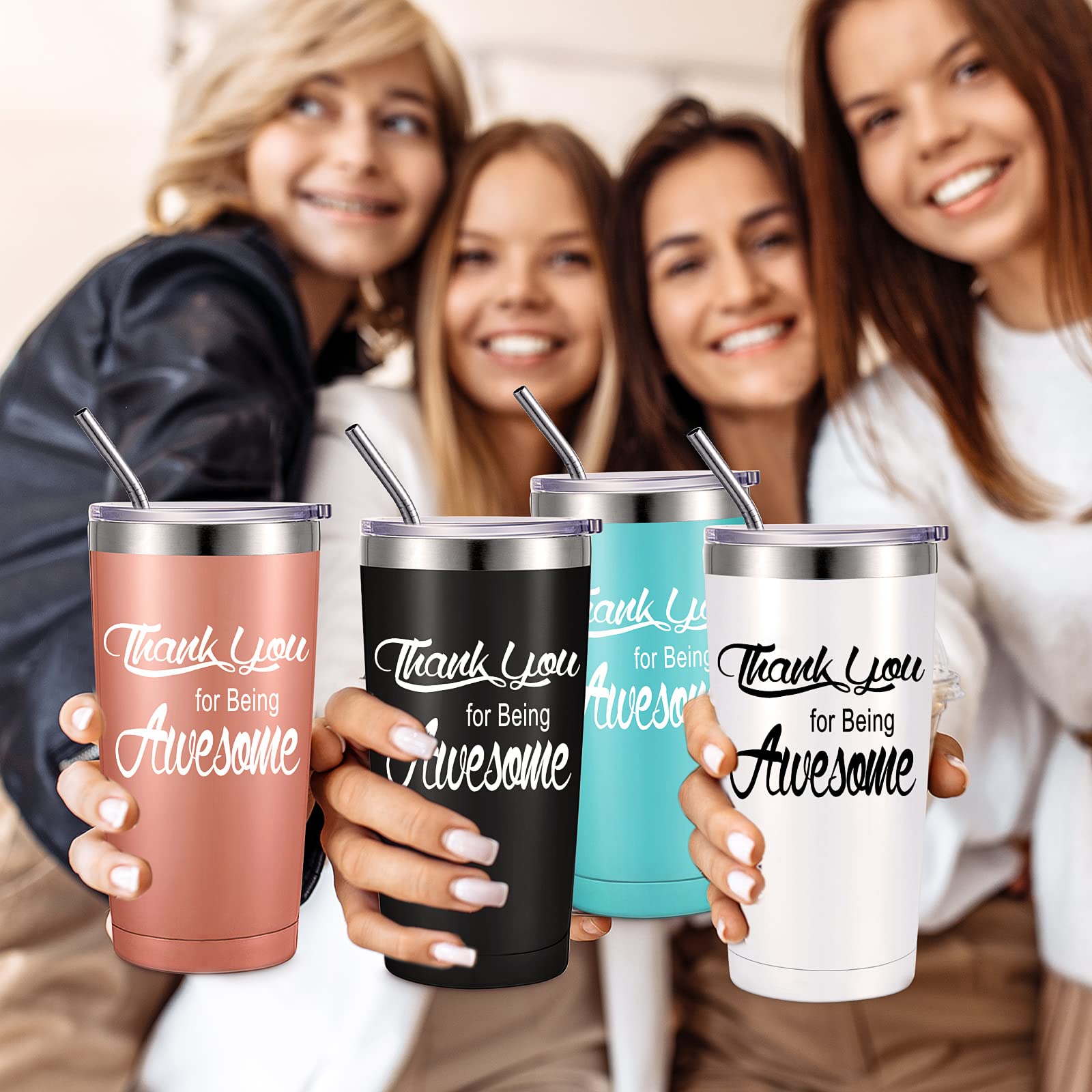 Suclain Employee Appreciation Gifts 20 oz Thank You for Being Awesome Tumblers with Lids Straws for Graduation Friends Coworker Nurses Gifts(Light Blue, Rose Gold, Black, White, 4 Sets)