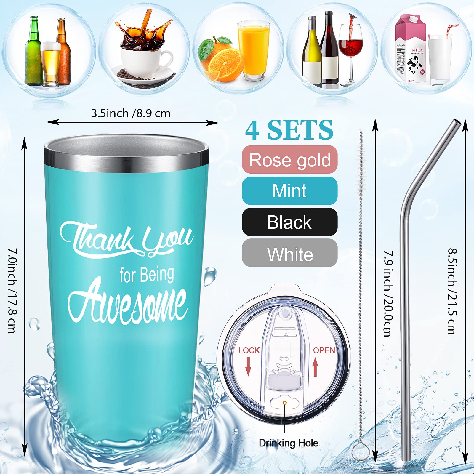 Suclain Employee Appreciation Gifts 20 oz Thank You for Being Awesome Tumblers with Lids Straws for Graduation Friends Coworker Nurses Gifts(Light Blue, Rose Gold, Black, White, 4 Sets)