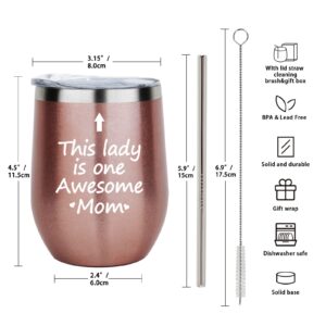 This Lady Is One Awesome Mom Wine Tumbler Awesome Mom Tumbler Birthday Mothers Day Christmas Gifts for Mom from Daughter Son Mom Wine Tumbler Mom Gifts 12 Ounce with Lid Straw and Gift Box Rose Gold