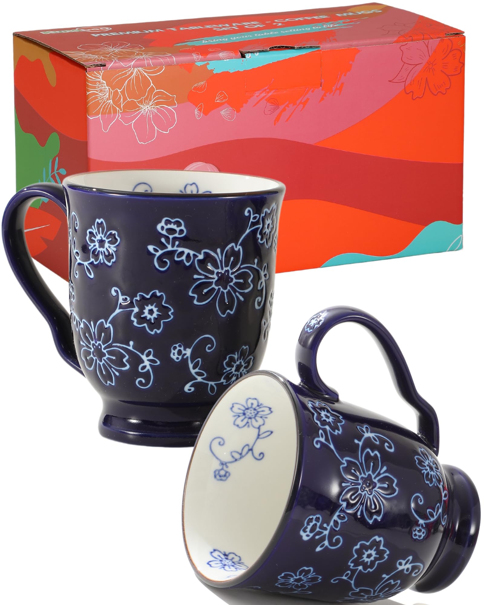 KUNABOO Artisanal Ceramic Mugs, Ceramic Coffee Cups, Coffee Mug Set of 2-11 oz -Sakura Floral Series Midnight Blue - Ready to Wrap Gift