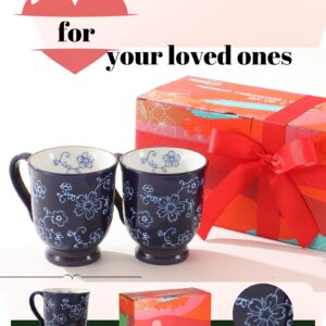 KUNABOO Artisanal Ceramic Mugs, Ceramic Coffee Cups, Coffee Mug Set of 2-11 oz -Sakura Floral Series Midnight Blue - Ready to Wrap Gift