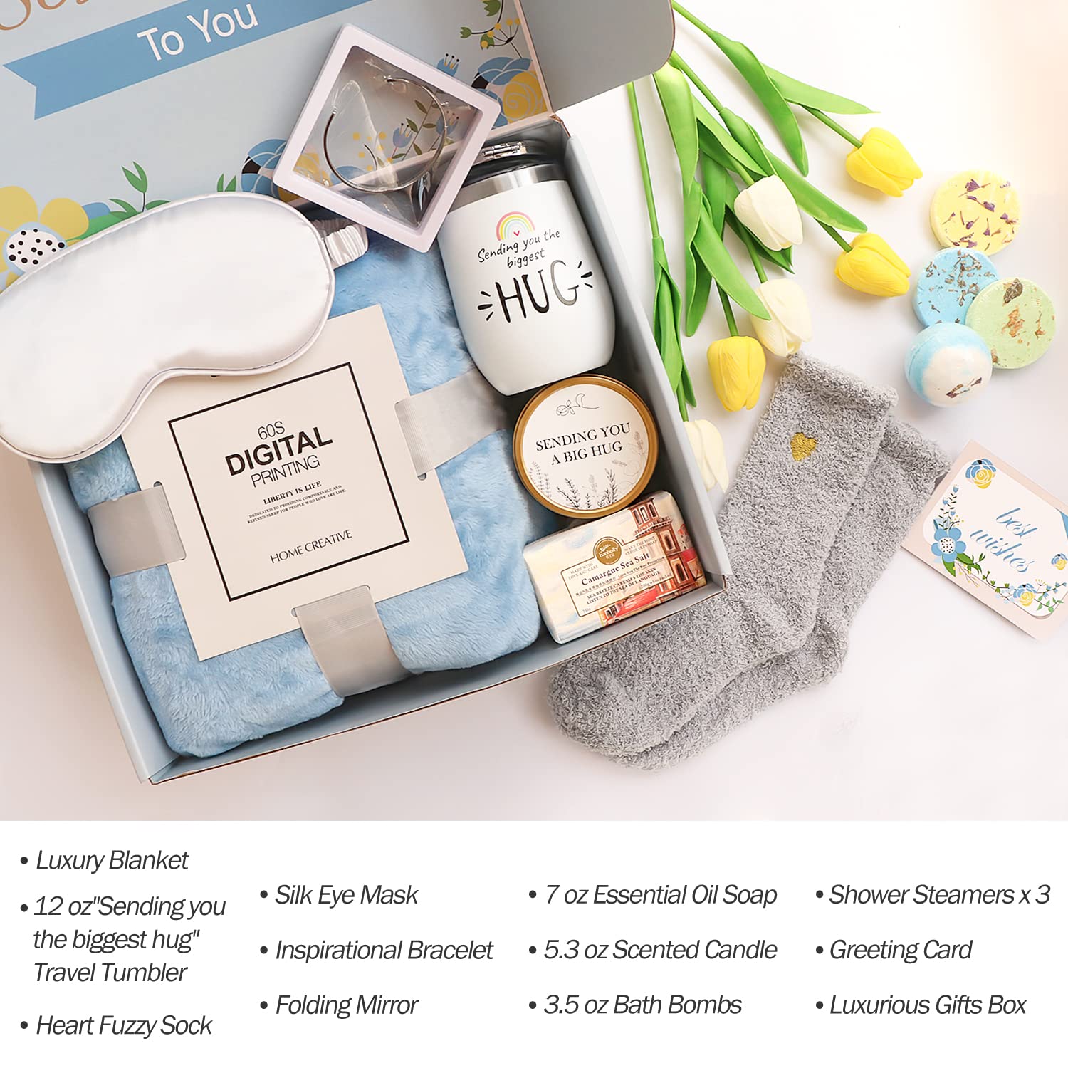 Care Package for Women, 13 pcs Relaxing Spa Birthday Gifts Get Well Soon Basket with Blanket Candle Tumbler, Self Care Feel Better Thinking of You Christmas Gifts for Best Friend BFF Mom Sister