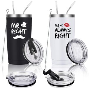 mr. right mrs. always right travel tumbler set, wedding engagement gifts for husband wife newlywed couples bride groom anniversary bridal shower, 20oz stainless steel travel tumbler, black and white