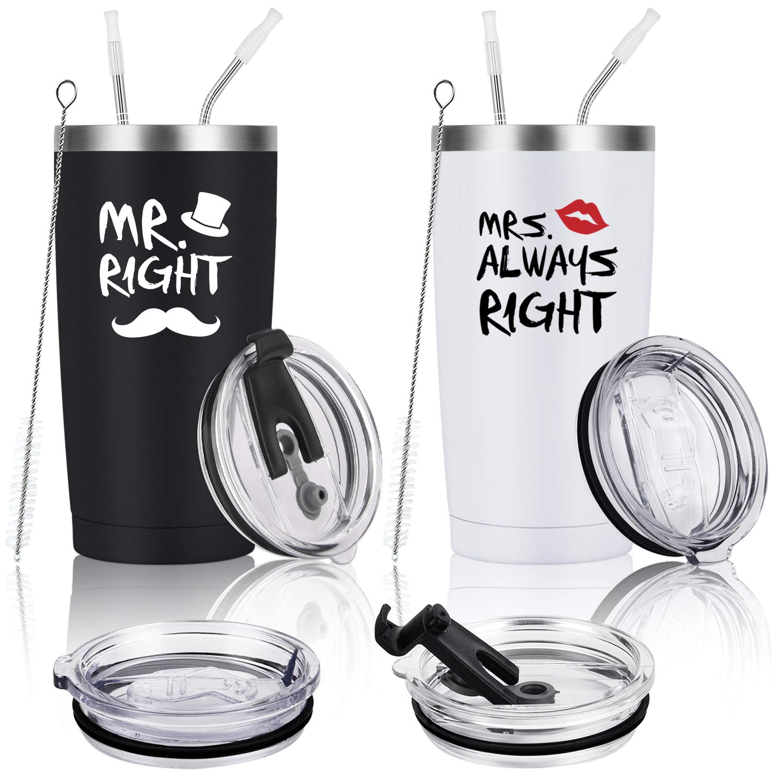 Mr. Right Mrs. Always Right Travel Tumbler Set, Wedding Engagement Gifts for Husband Wife Newlywed Couples Bride Groom Anniversary Bridal Shower, 20oz Stainless Steel Travel Tumbler, Black and White