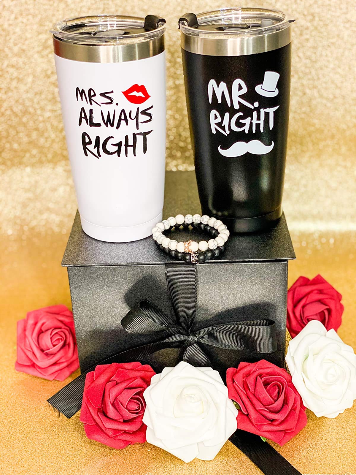 Mr. Right Mrs. Always Right Travel Tumbler Set, Wedding Engagement Gifts for Husband Wife Newlywed Couples Bride Groom Anniversary Bridal Shower, 20oz Stainless Steel Travel Tumbler, Black and White