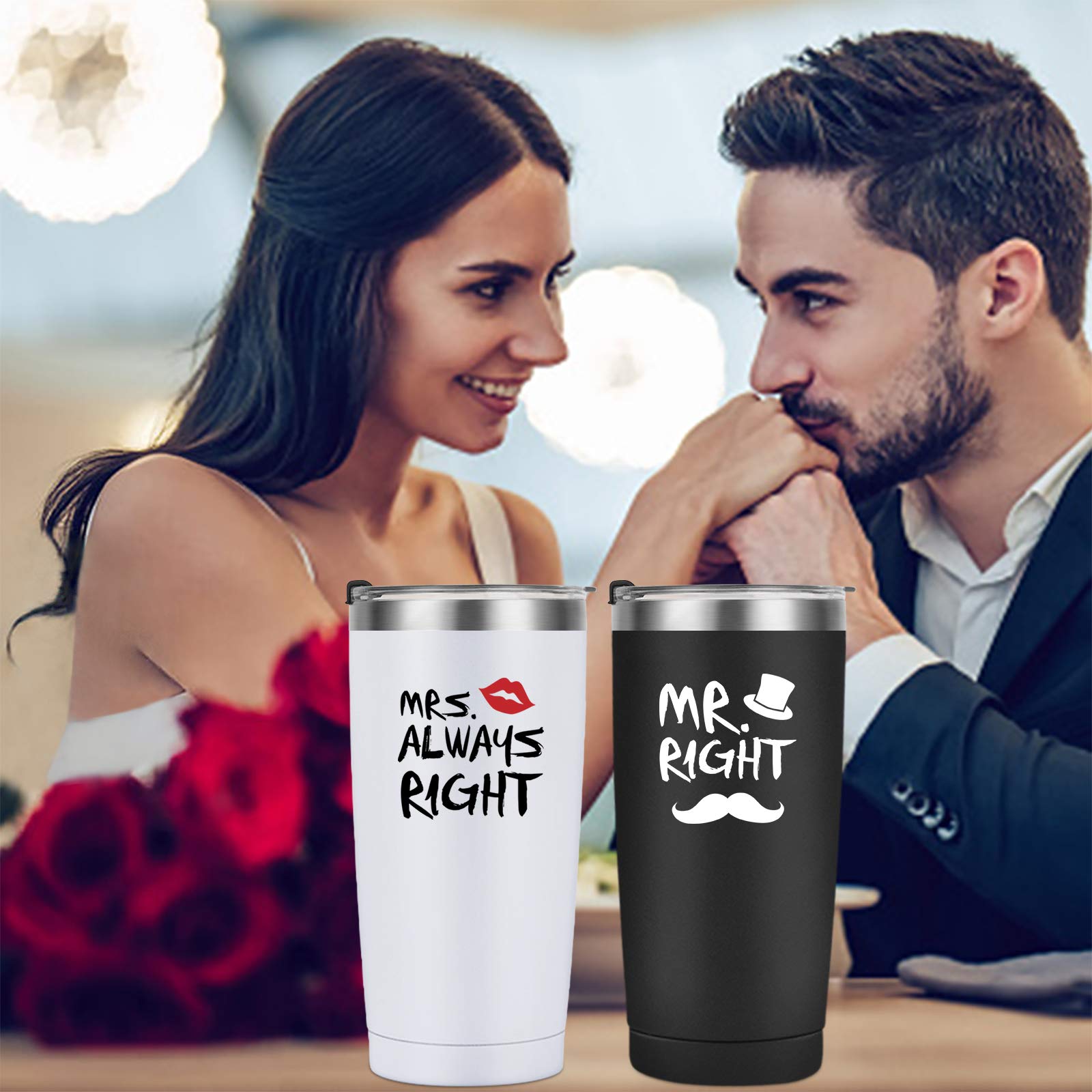 Mr. Right Mrs. Always Right Travel Tumbler Set, Wedding Engagement Gifts for Husband Wife Newlywed Couples Bride Groom Anniversary Bridal Shower, 20oz Stainless Steel Travel Tumbler, Black and White