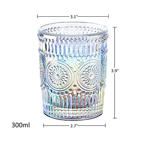 Joeyan Iridescent Drinking Glasses Vintage Glassware Sets Rainbow Embossed Romantic Water Glass Tumbler Great for Juice Cocktail Wine, 10 oz, Set of 6