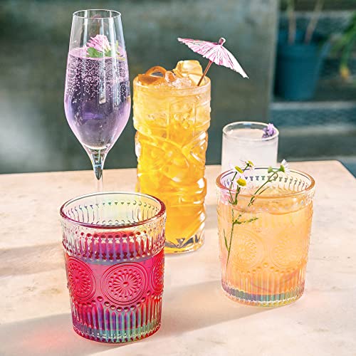 Joeyan Iridescent Drinking Glasses Vintage Glassware Sets Rainbow Embossed Romantic Water Glass Tumbler Great for Juice Cocktail Wine, 10 oz, Set of 6