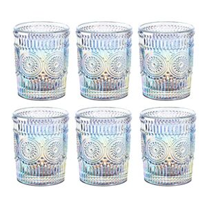 Joeyan Iridescent Drinking Glasses Vintage Glassware Sets Rainbow Embossed Romantic Water Glass Tumbler Great for Juice Cocktail Wine, 10 oz, Set of 6