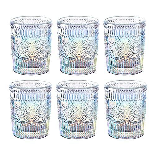 Joeyan Iridescent Drinking Glasses Vintage Glassware Sets Rainbow Embossed Romantic Water Glass Tumbler Great for Juice Cocktail Wine, 10 oz, Set of 6