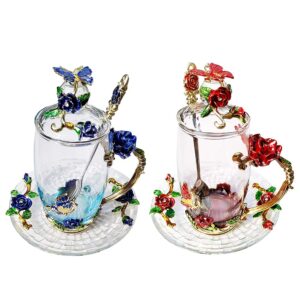lantree tea cups with saucer lid spoon flower butterfly tea cup fancy coffee mug unique christmas gift for women coworker grandma pack of 2(12oz)