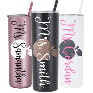 glitter apple teacher's personalized 20 oz stainless steel skinny tumbler with custom vinyl decal by avito - includes straw and lid - back to school teacher's gift, best teacher ever